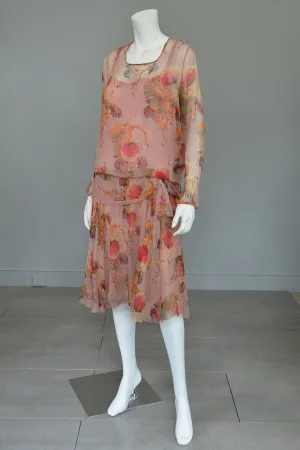 1920s Pink Floral Chiffon Flapper Dress needs TLC