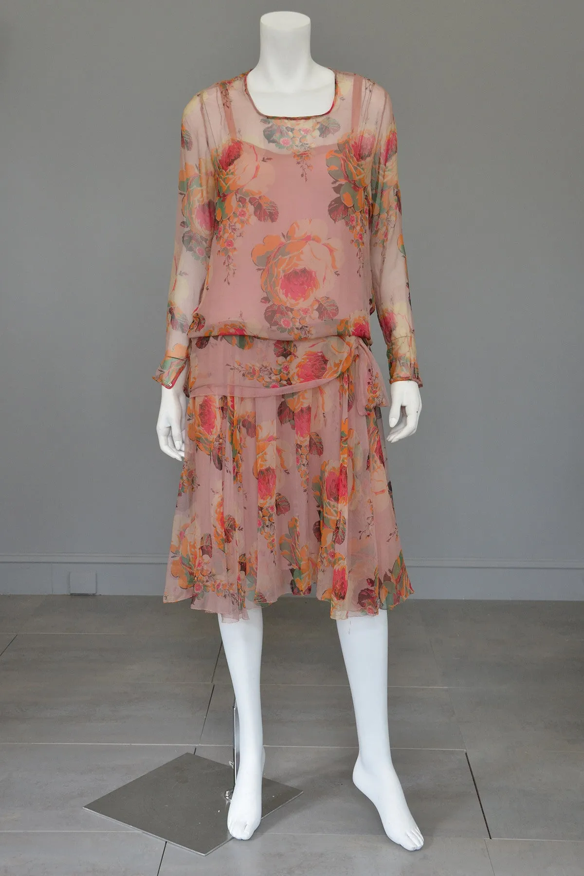 1920s Pink Floral Chiffon Flapper Dress needs TLC