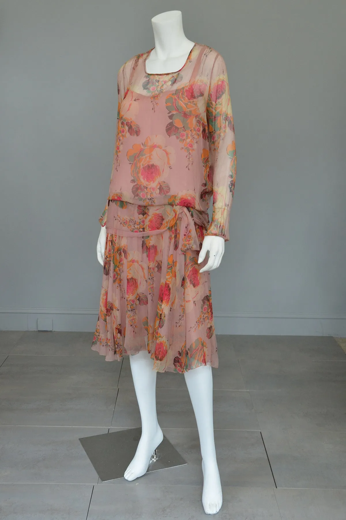 1920s Pink Floral Chiffon Flapper Dress needs TLC