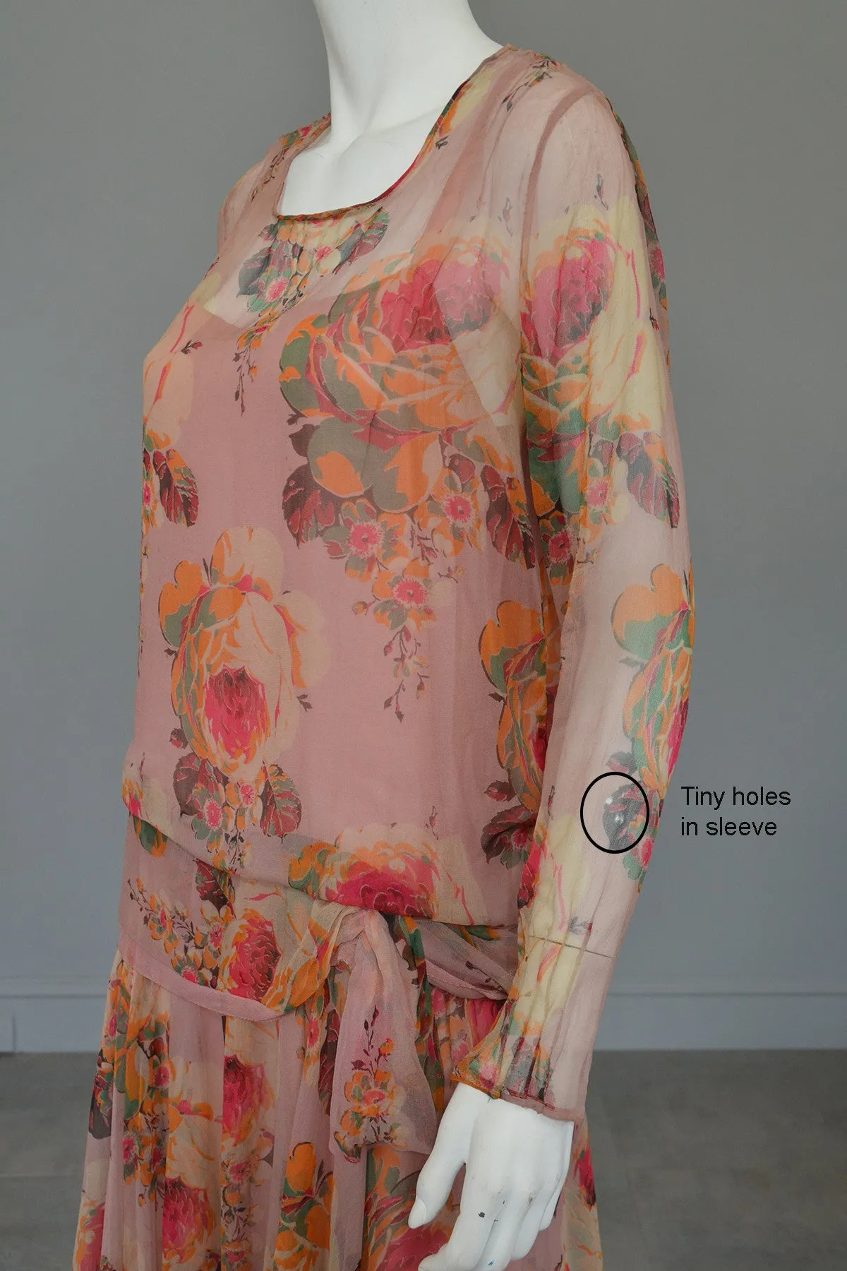 1920s Pink Floral Chiffon Flapper Dress needs TLC