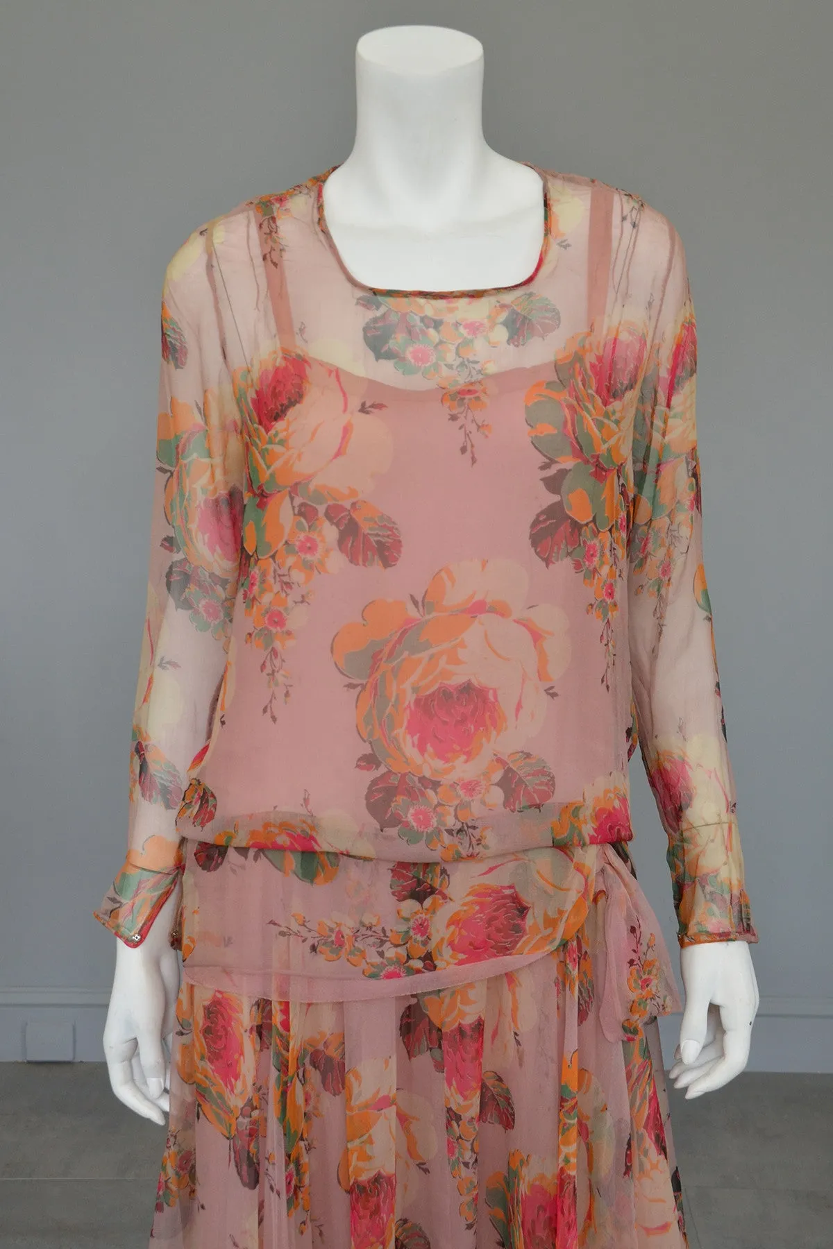 1920s Pink Floral Chiffon Flapper Dress needs TLC