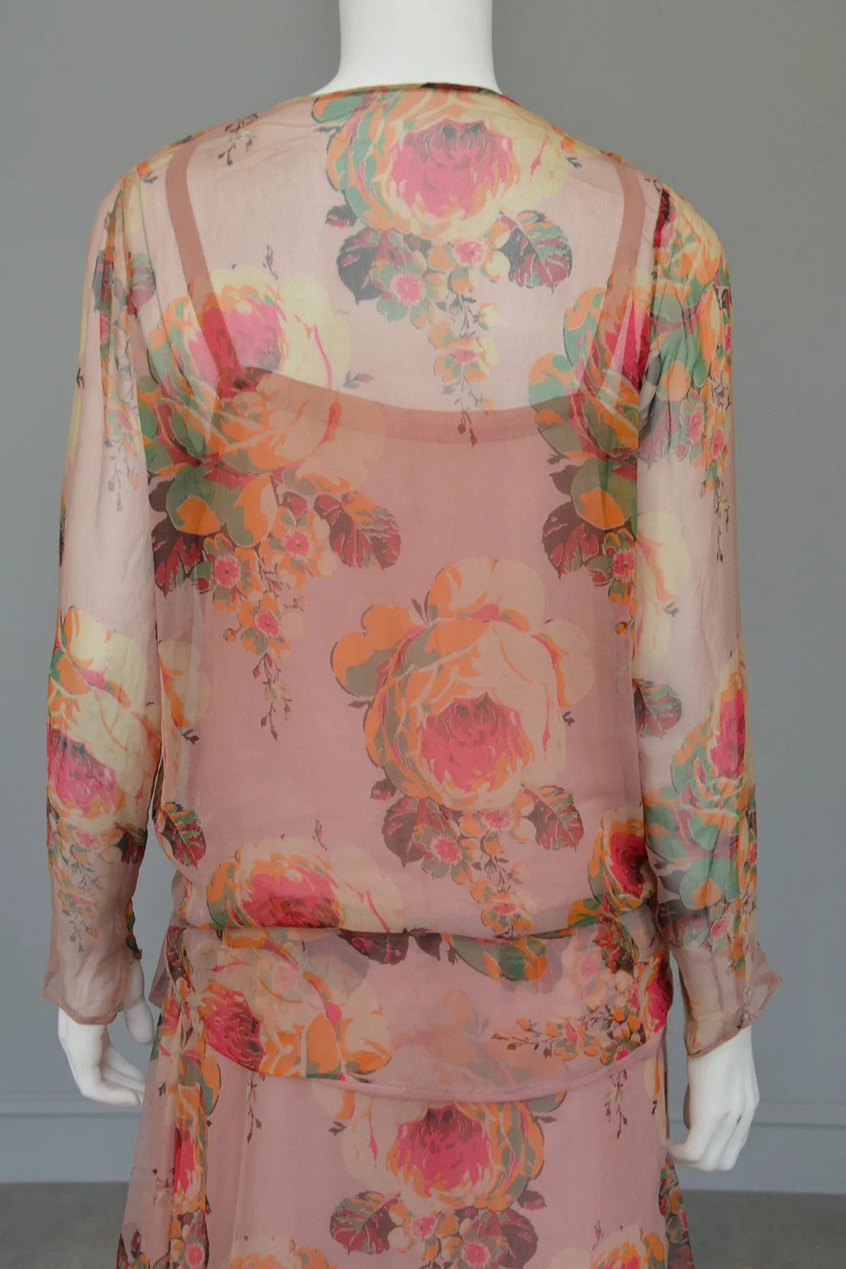 1920s Pink Floral Chiffon Flapper Dress needs TLC