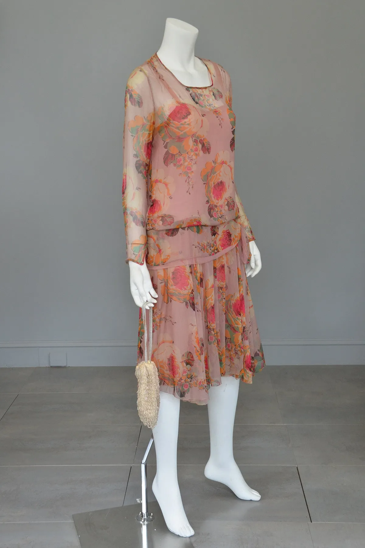 1920s Pink Floral Chiffon Flapper Dress needs TLC
