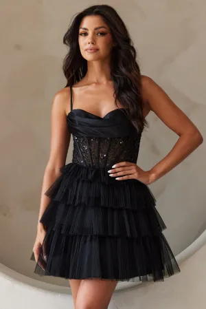 AC BZ9023S - Short Layered Tulle A-Line Homecoming Dress with Sheer Bead Embellished Corset Top & Open Lace Up Back