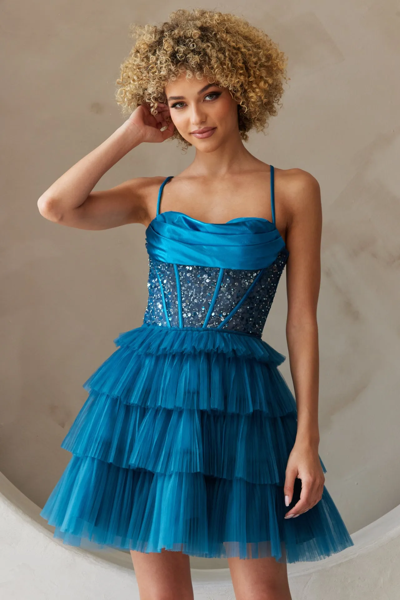 AC BZ9023S - Short Layered Tulle A-Line Homecoming Dress with Sheer Bead Embellished Corset Top & Open Lace Up Back