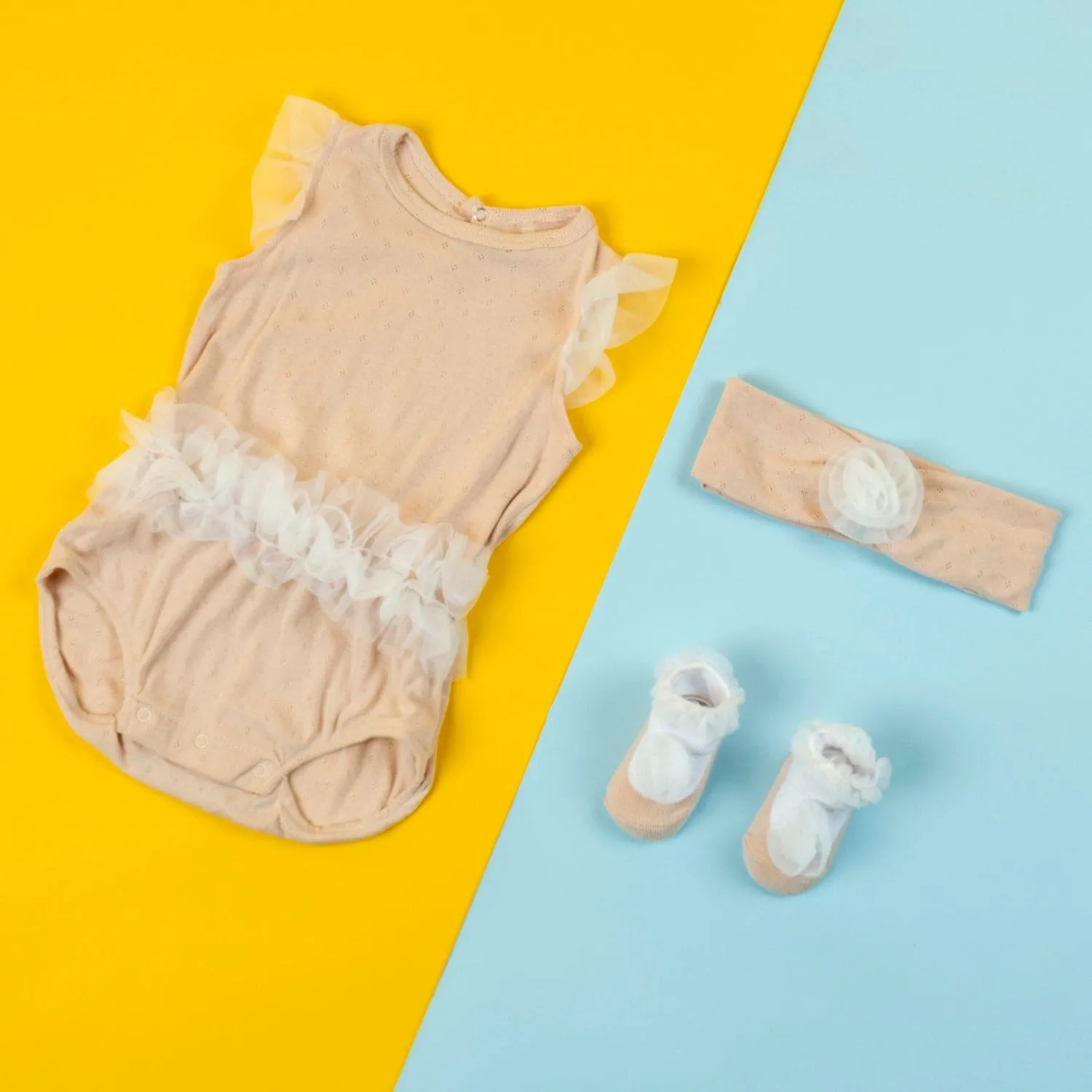 Baby Moo Little Frilly Princess Gift Set 3 Piece With Bodysuit, Socks And Headband - Peach