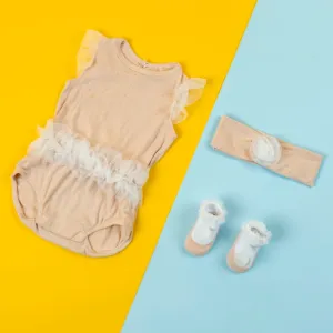 Baby Moo Little Frilly Princess Gift Set 3 Piece With Bodysuit, Socks And Headband - Peach