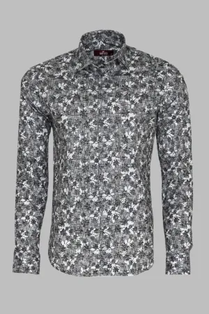 Bloom Patterned Dark Slim Fit Grey Men Shirt - Wessi