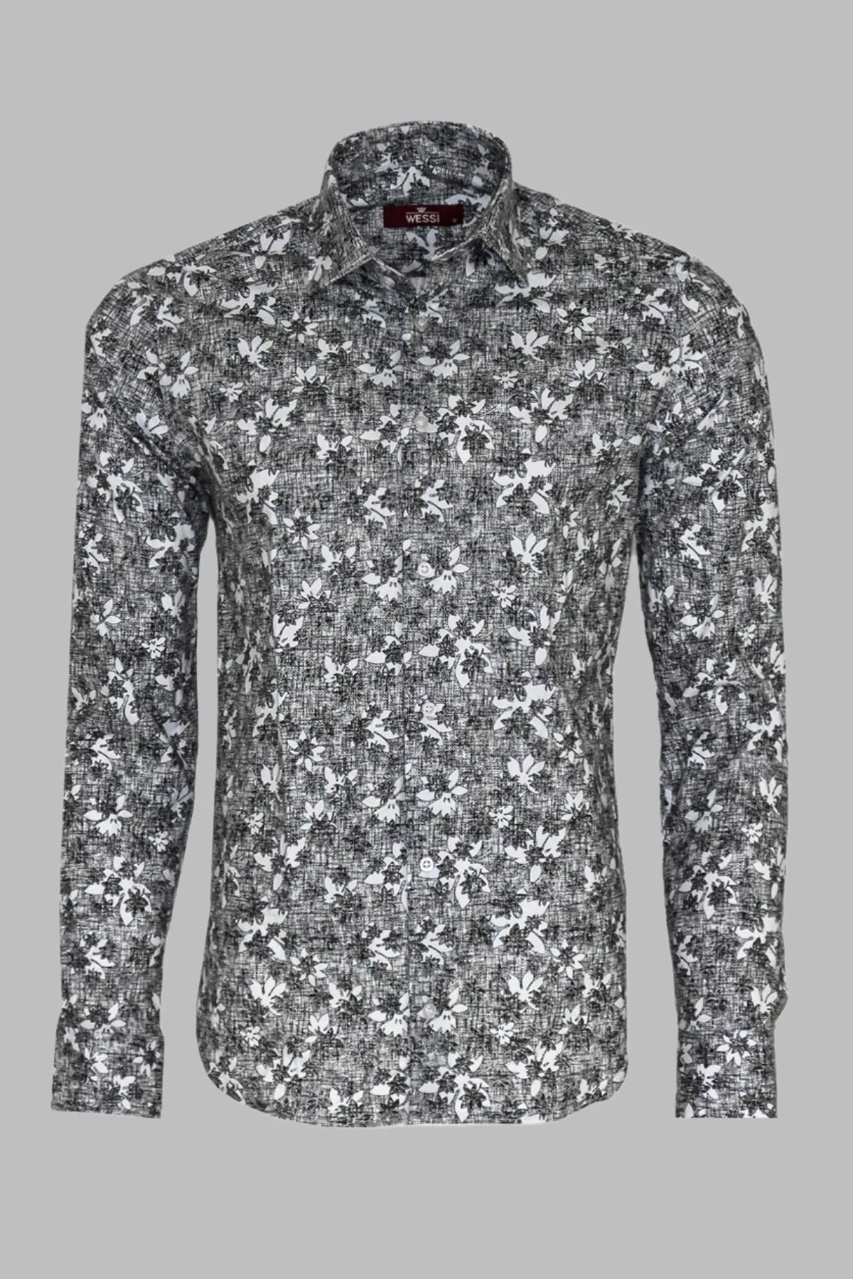 Bloom Patterned Dark Slim Fit Grey Men Shirt - Wessi