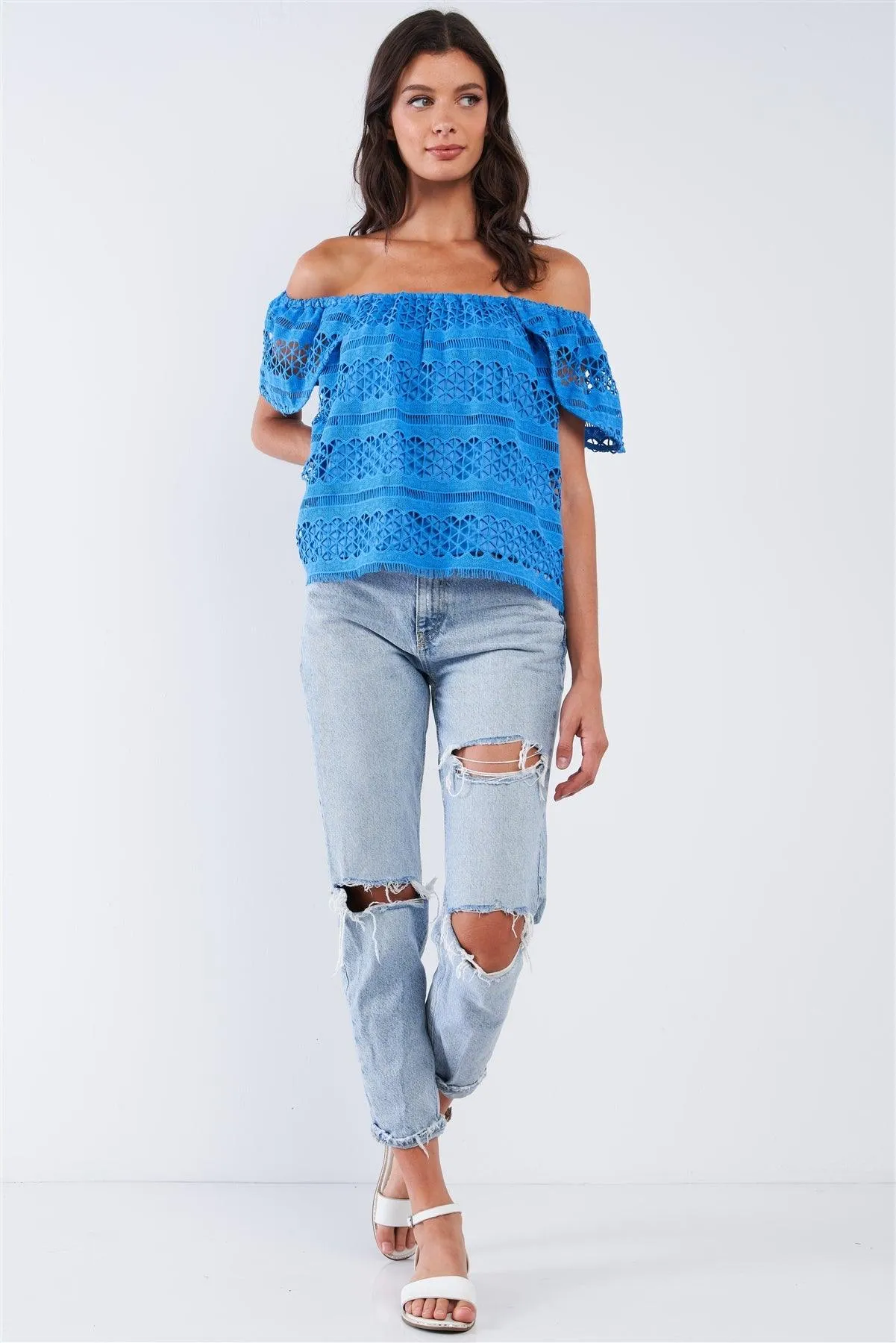 Blue Crochet Off-The-Shoulder Angel Wing Mini Sleeve Multi Pattern Lined Top