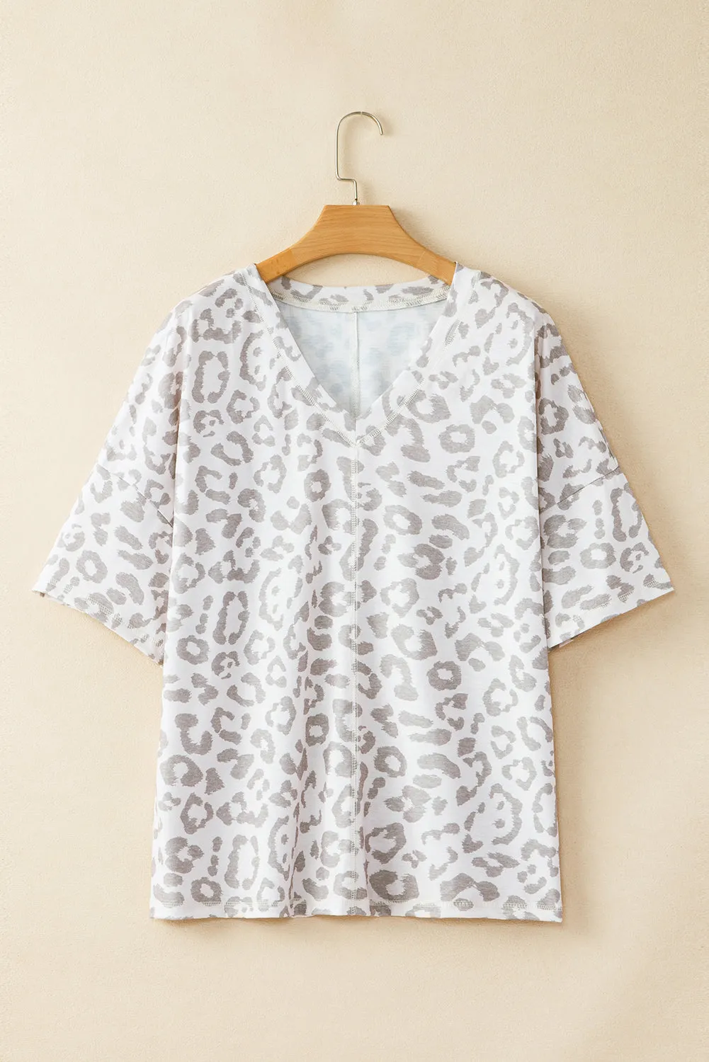 Brown Leopard Print Exposed Stitching V Neck Plus Size T Shirt