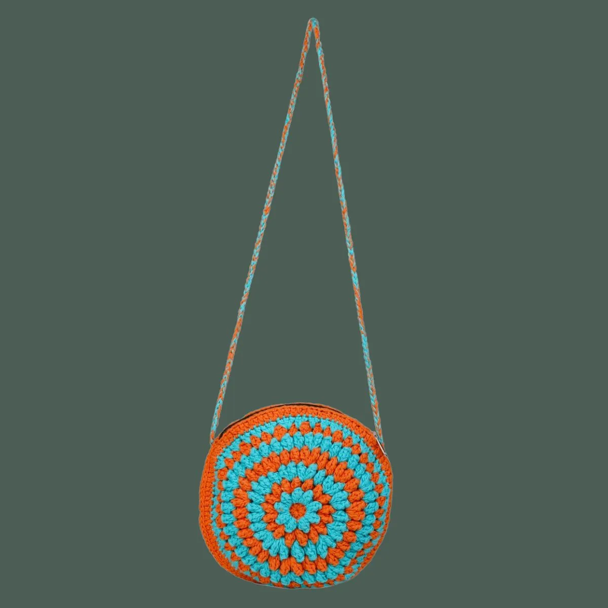 Cherry Round Mini Sling Bag | Hand-Crochet | Rust & Turquoise