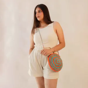 Cherry Round Mini Sling Bag | Hand-Crochet | Rust & Turquoise