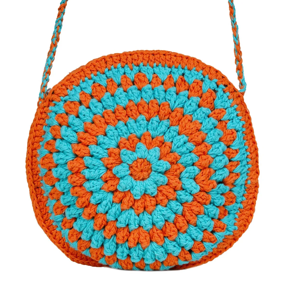 Cherry Round Mini Sling Bag | Hand-Crochet | Rust & Turquoise