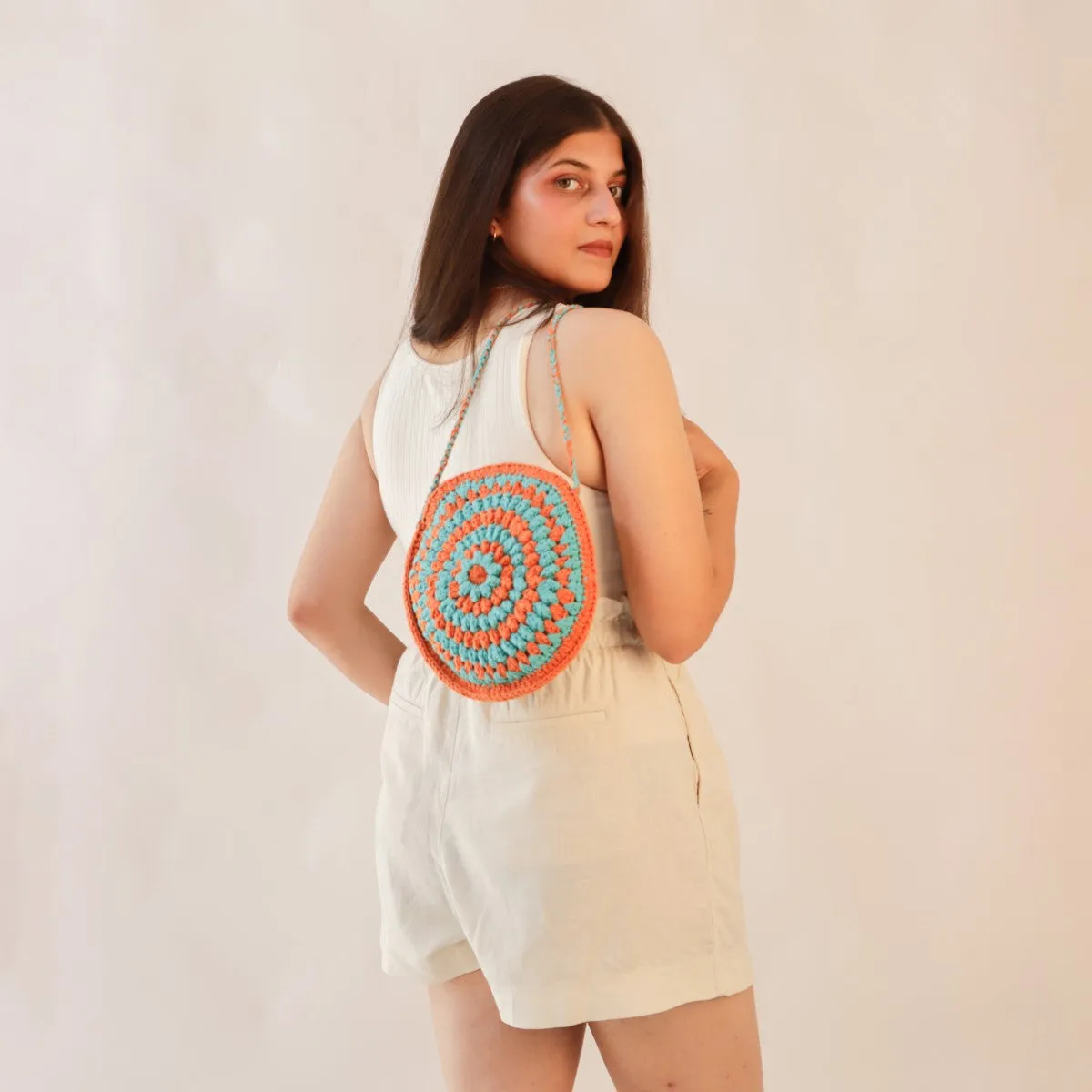 Cherry Round Mini Sling Bag | Hand-Crochet | Rust & Turquoise