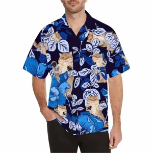 Custom 3D Print Hawaiian Shirt with Cat for Men Personalized Blue Leaves Aloha Beach Shirt Tropical Flower Photo Short Sleeve