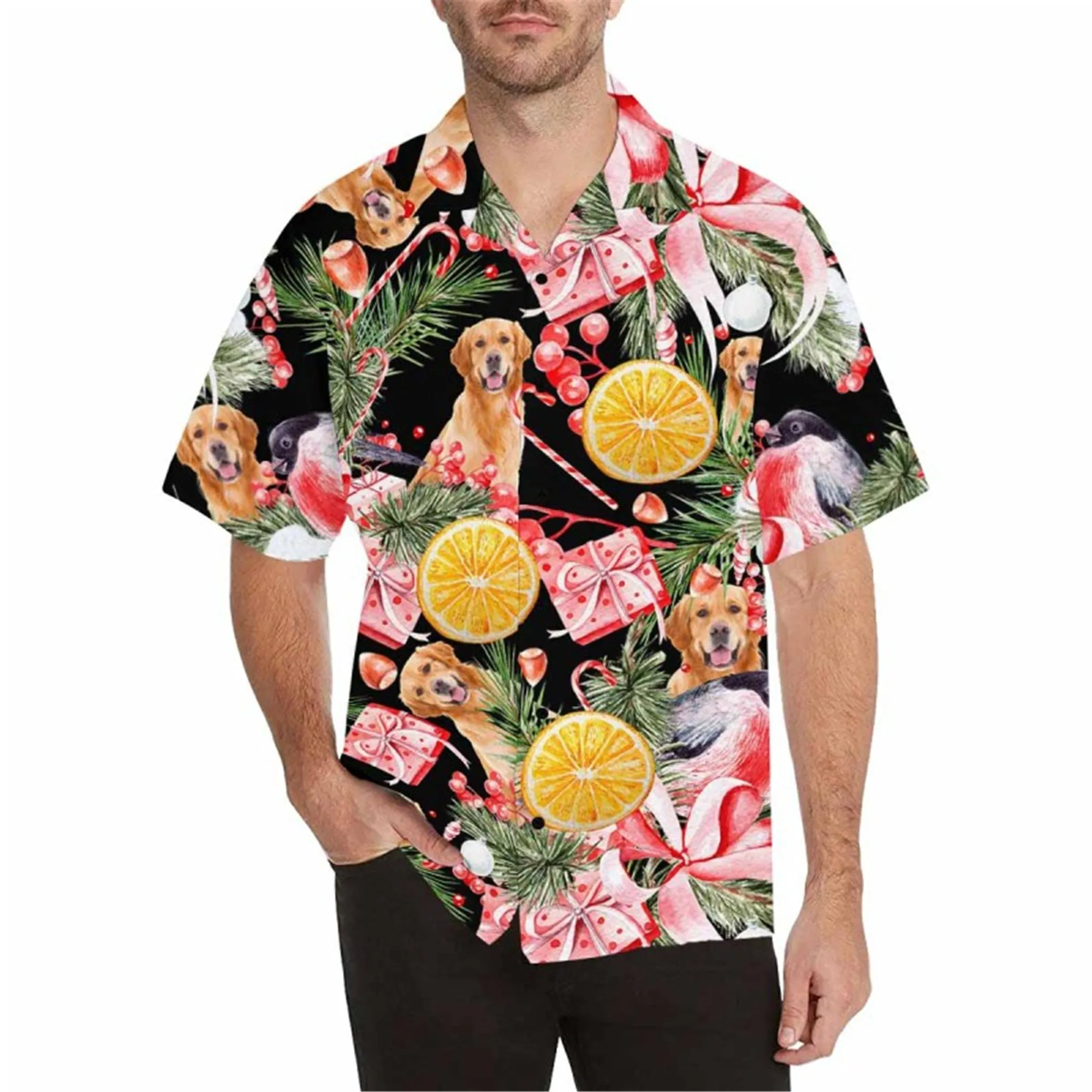 Custom 3D Print Hawaiian Shirt with Cat for Men Personalized Blue Leaves Aloha Beach Shirt Tropical Flower Photo Short Sleeve