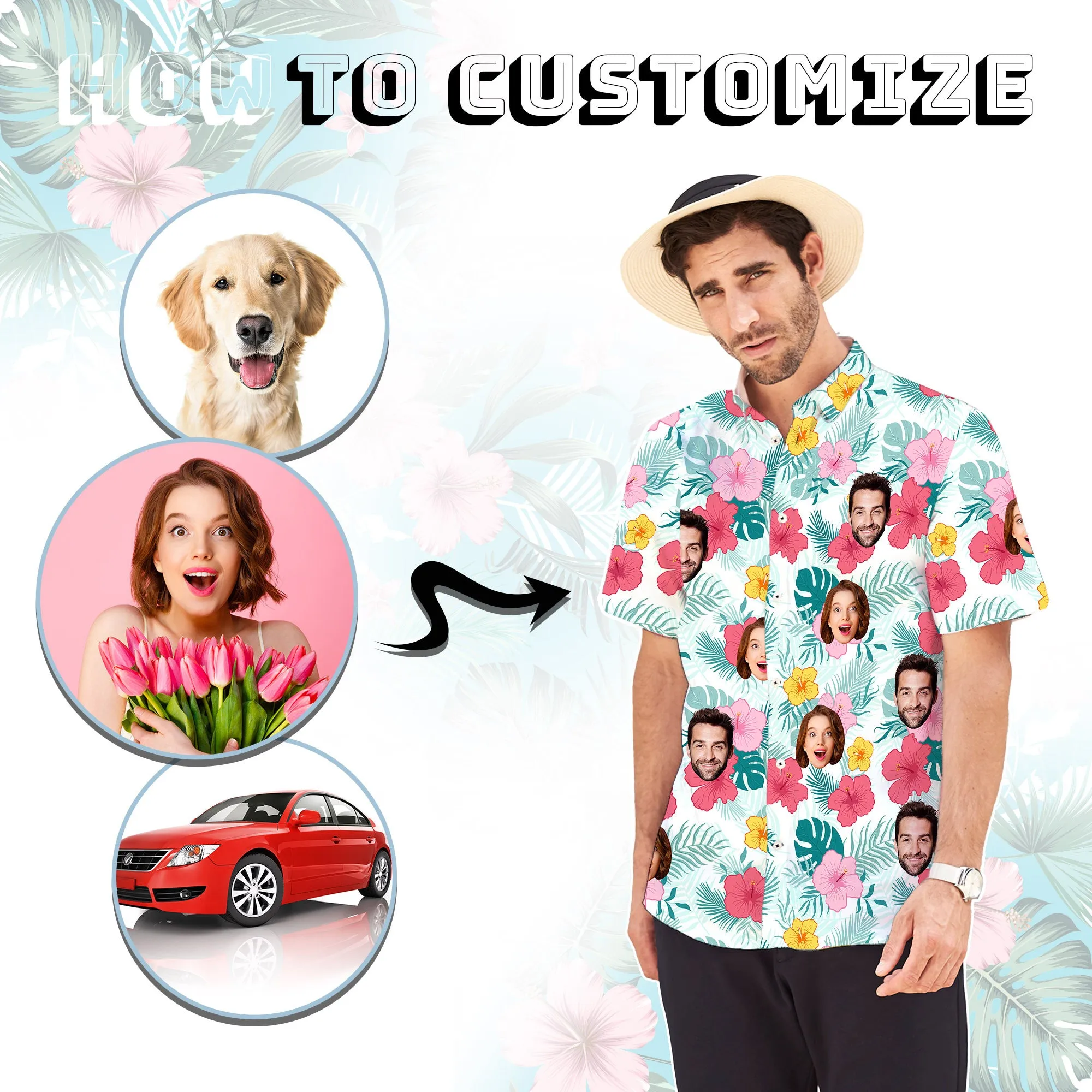 Custom 3D Print Hawaiian Shirt with Cat for Men Personalized Blue Leaves Aloha Beach Shirt Tropical Flower Photo Short Sleeve
