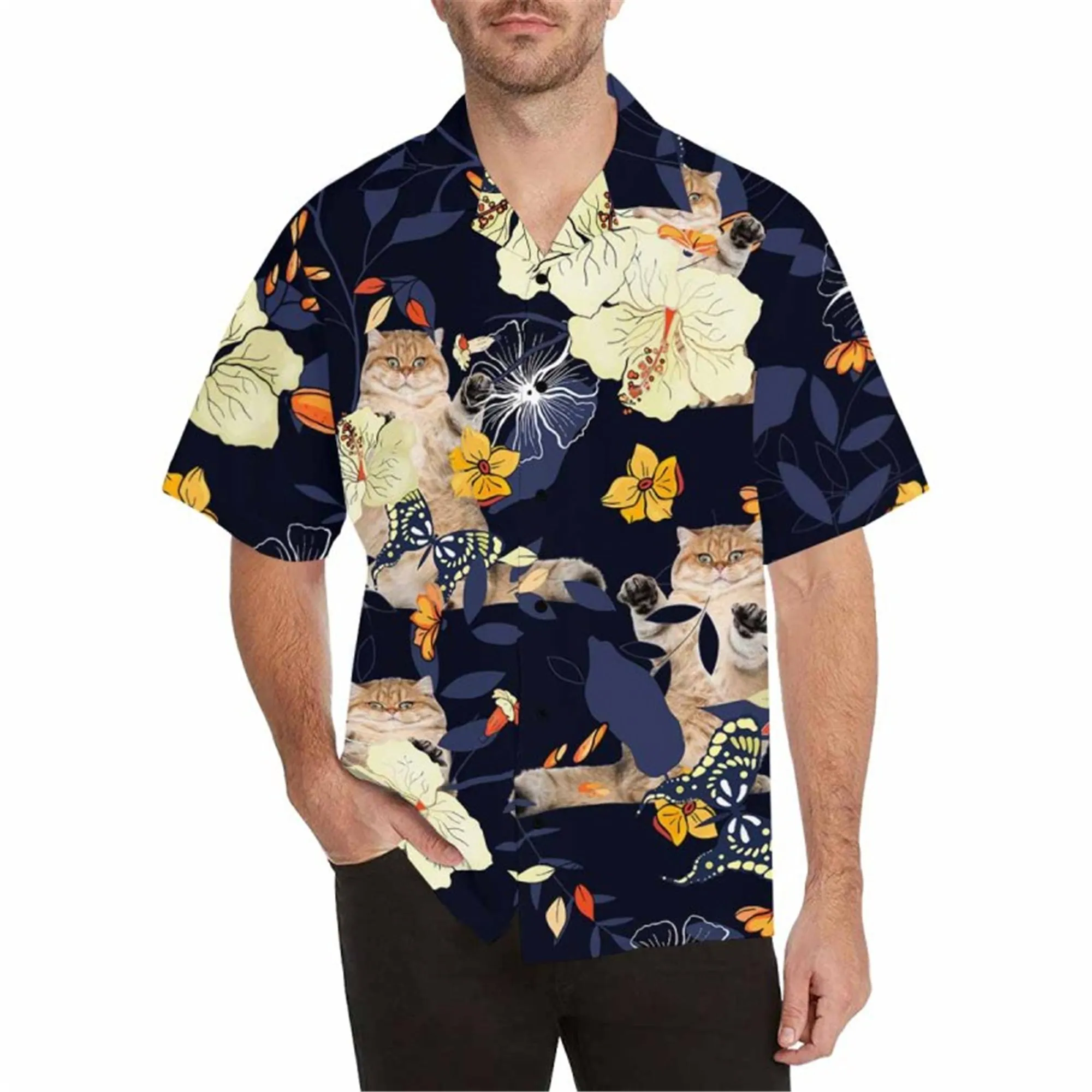 Custom 3D Print Hawaiian Shirt with Cat for Men Personalized Blue Leaves Aloha Beach Shirt Tropical Flower Photo Short Sleeve