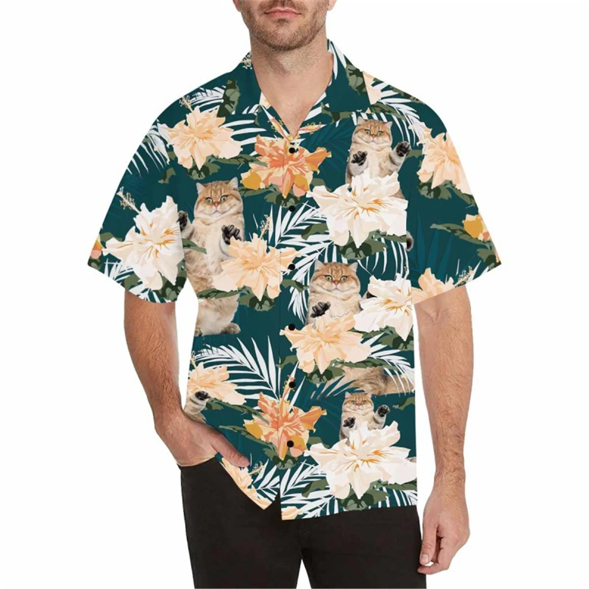 Custom 3D Print Hawaiian Shirt with Cat for Men Personalized Blue Leaves Aloha Beach Shirt Tropical Flower Photo Short Sleeve