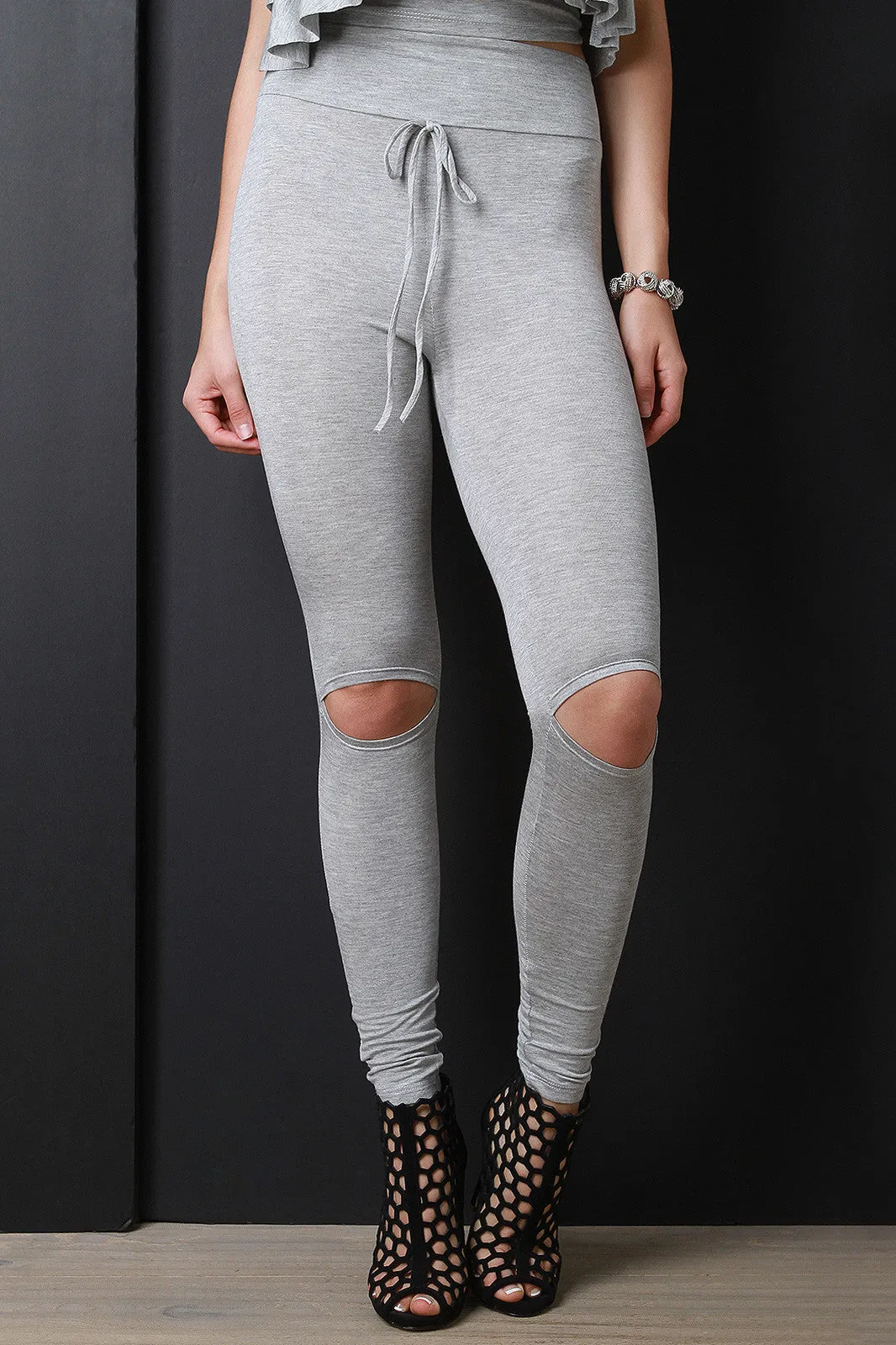 Cut Out Knee Drawstring Leggings