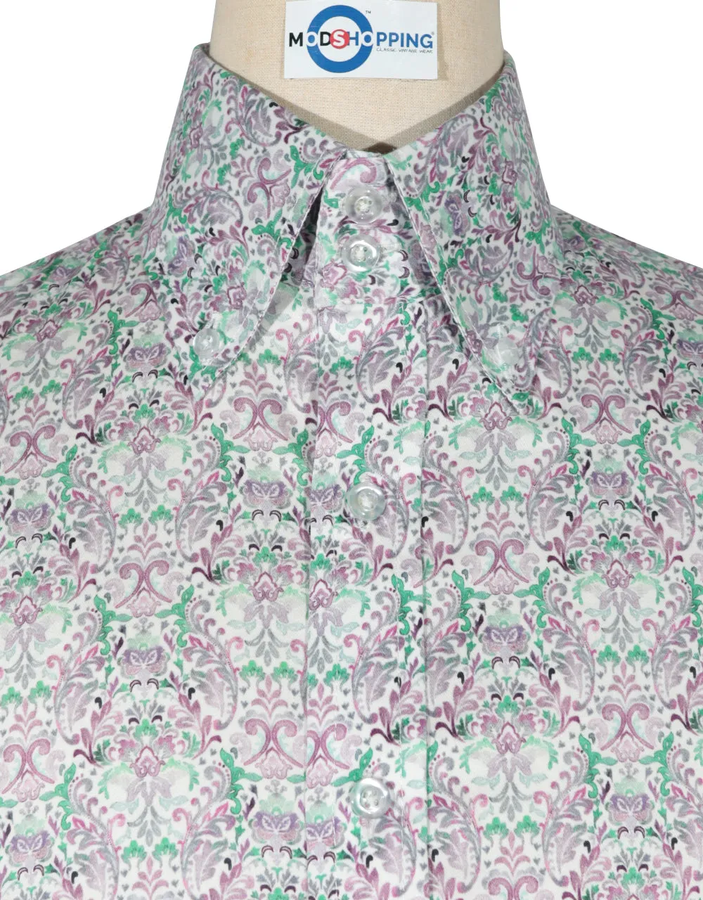 Double Collar Shirt - 60s Style Green and Purple Floral Shirt