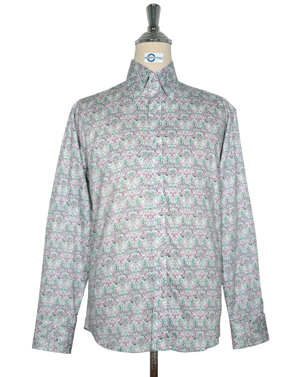 Double Collar Shirt - 60s Style Green and Purple Floral Shirt