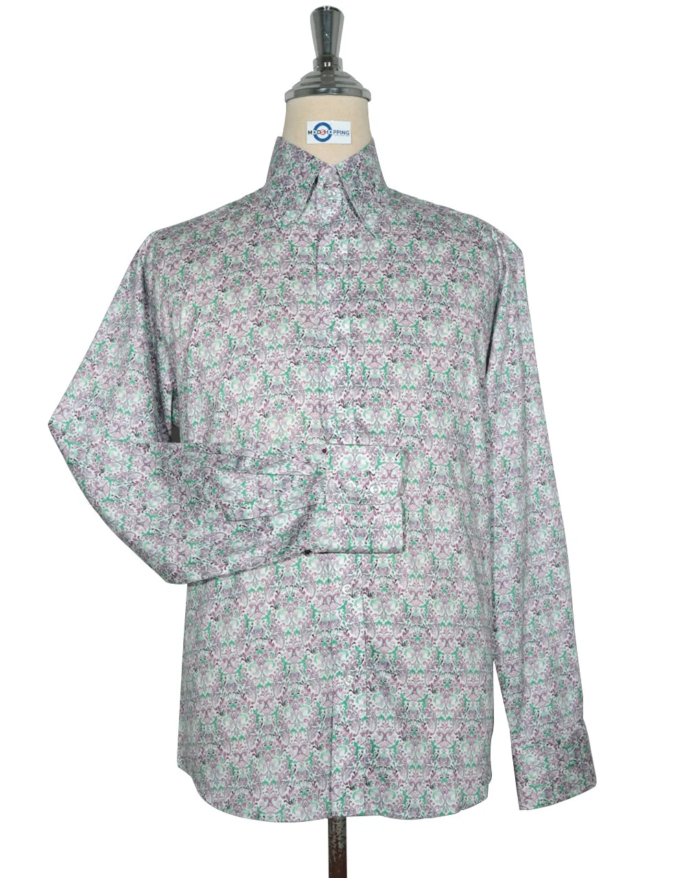 Double Collar Shirt - 60s Style Green and Purple Floral Shirt