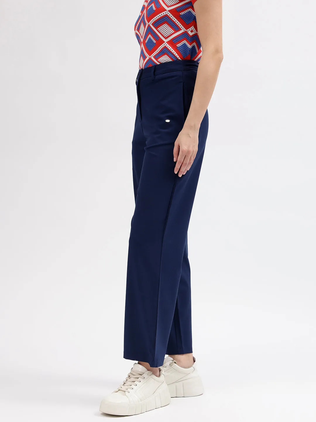Elle Women Navy Blue Solid Straight Fit Mid-Rise Trouser