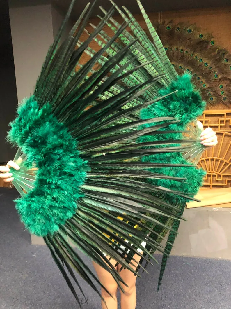 Forest green Marabou & Pheasant Feather Fan