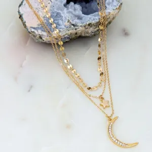 Gold Crescent Moon Star Trio Layer Necklace