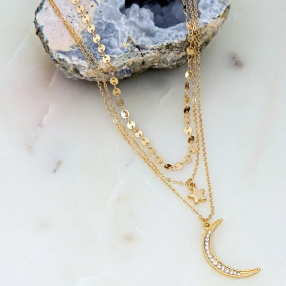 Gold Crescent Moon Star Trio Layer Necklace