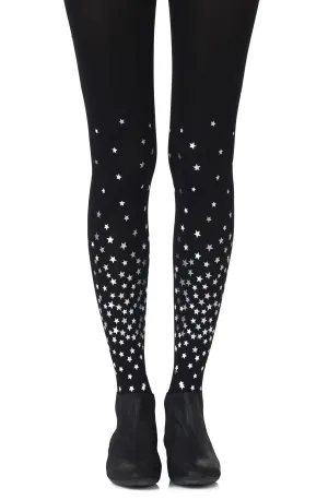 Gorgeous Grey Silver Stars Print 120 Denier Opaque Black Tights