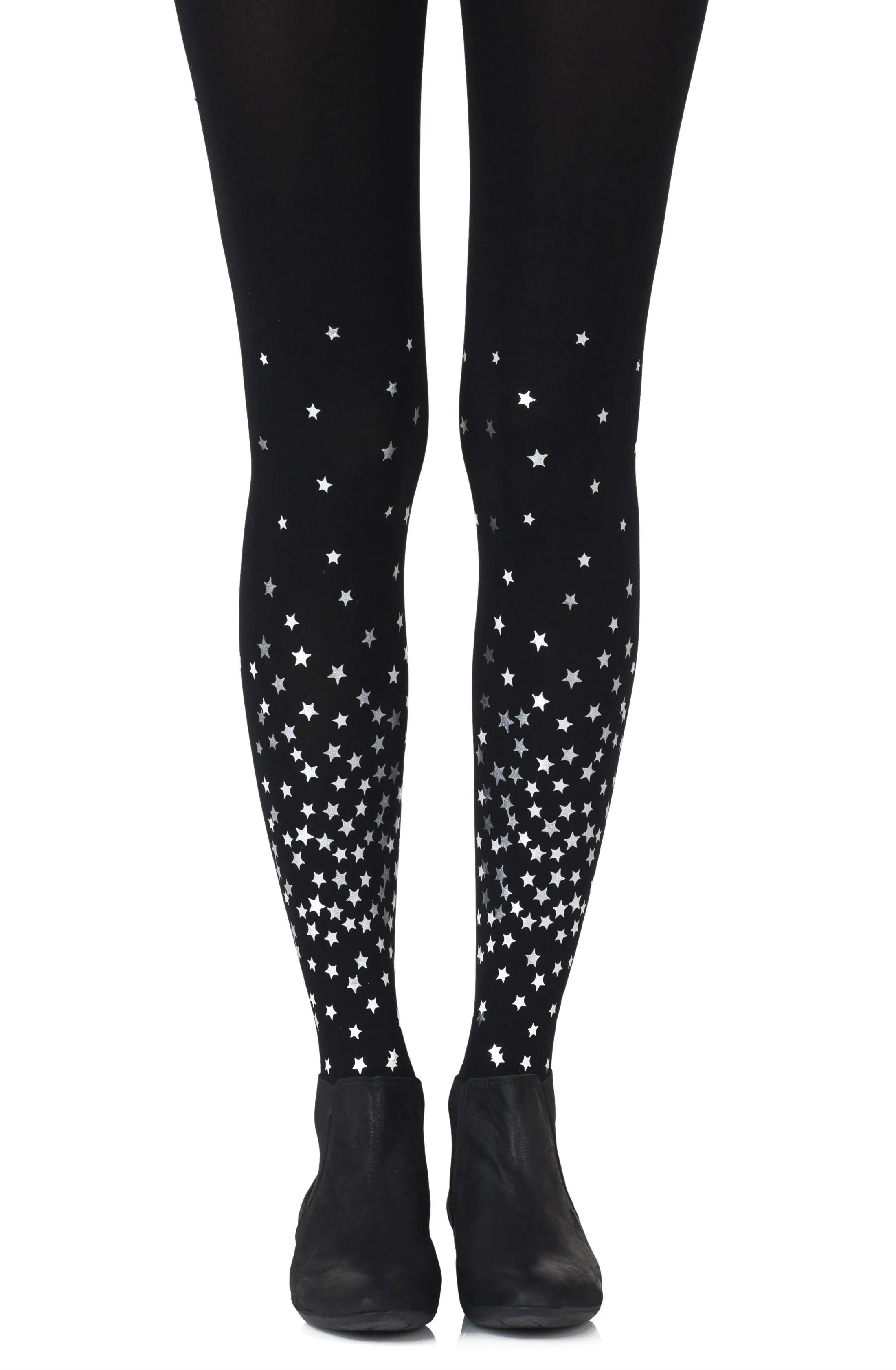 Gorgeous Grey Silver Stars Print 120 Denier Opaque Black Tights