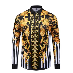 High-end Gold Flower Carved Print Men's Long-sleeved Shirt