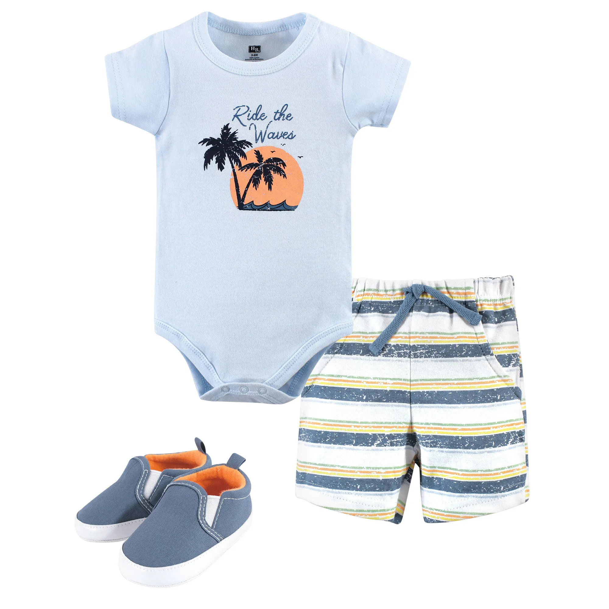 Hudson Baby Cotton Bodysuit, Shorts and Shoe Set, Ride Waves