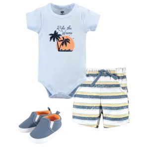 Hudson Baby Cotton Bodysuit, Shorts and Shoe Set, Ride Waves