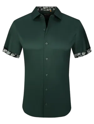 Hunter green men's short sleeve shirts stretch material paisley cuff design on the sleeves