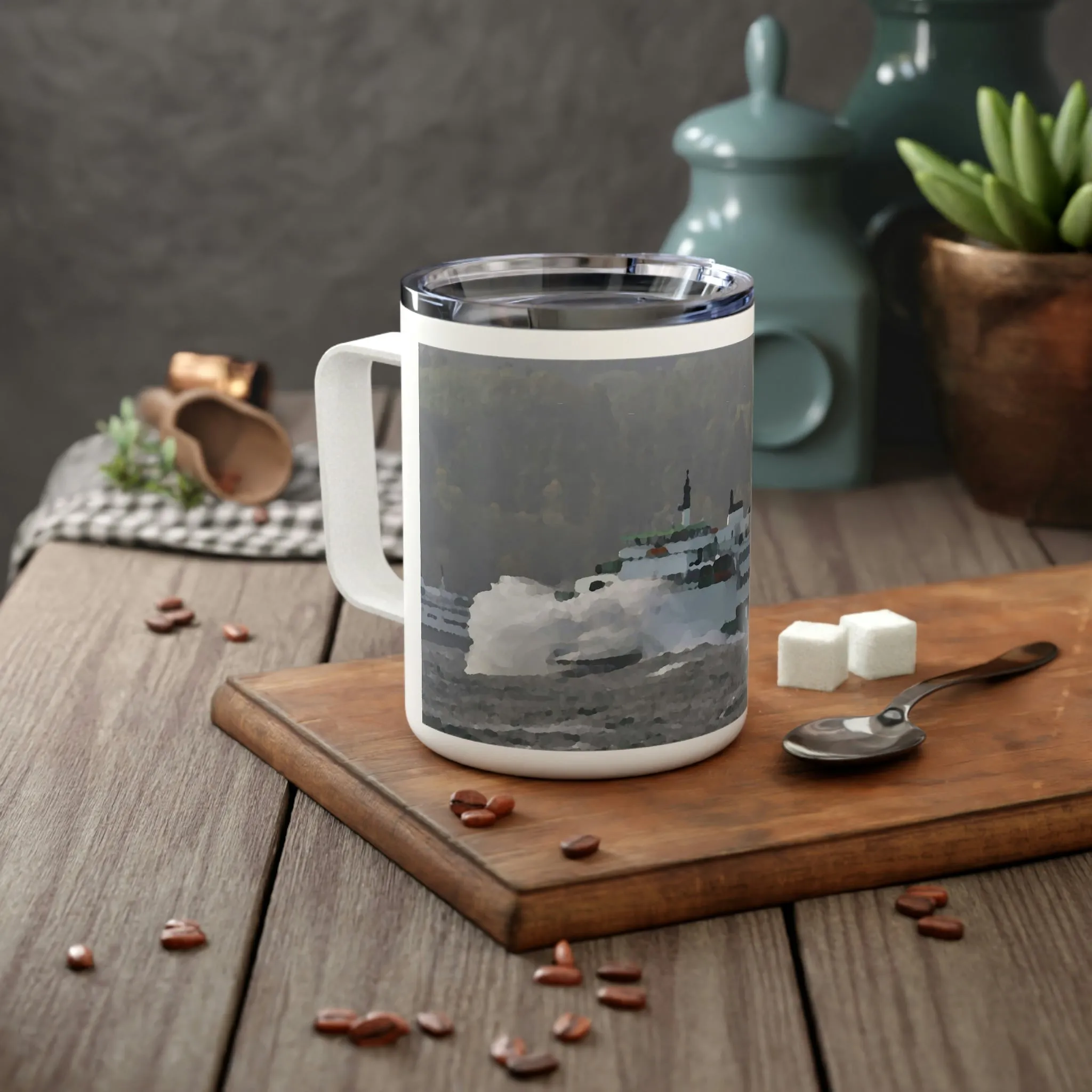 Insulated Coffee Mug, 10oz  ... WADOT Ferry Crossing ... "A Very Rough Day" ... Mulkiteo Route ... Family Archives ... Early 1990's' ... Original Works ...