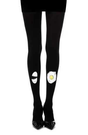 Ladies Funny Fried Egg Print 120 Denier Opaque Black Tights