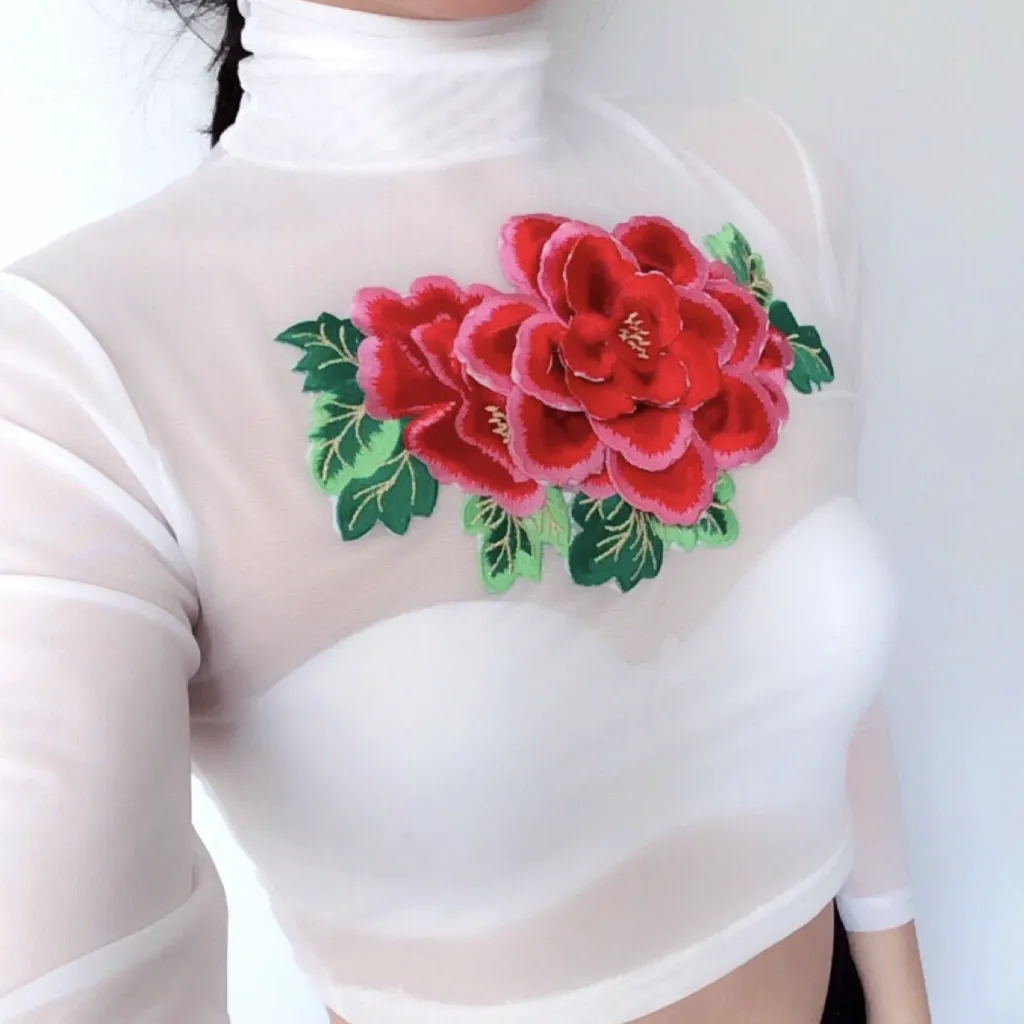 LAYER LAREG FLORAL HIGH NECK CROP MESH TOP