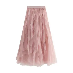 Layered Tulle Ruffle mesh Midi Skirt- Pink