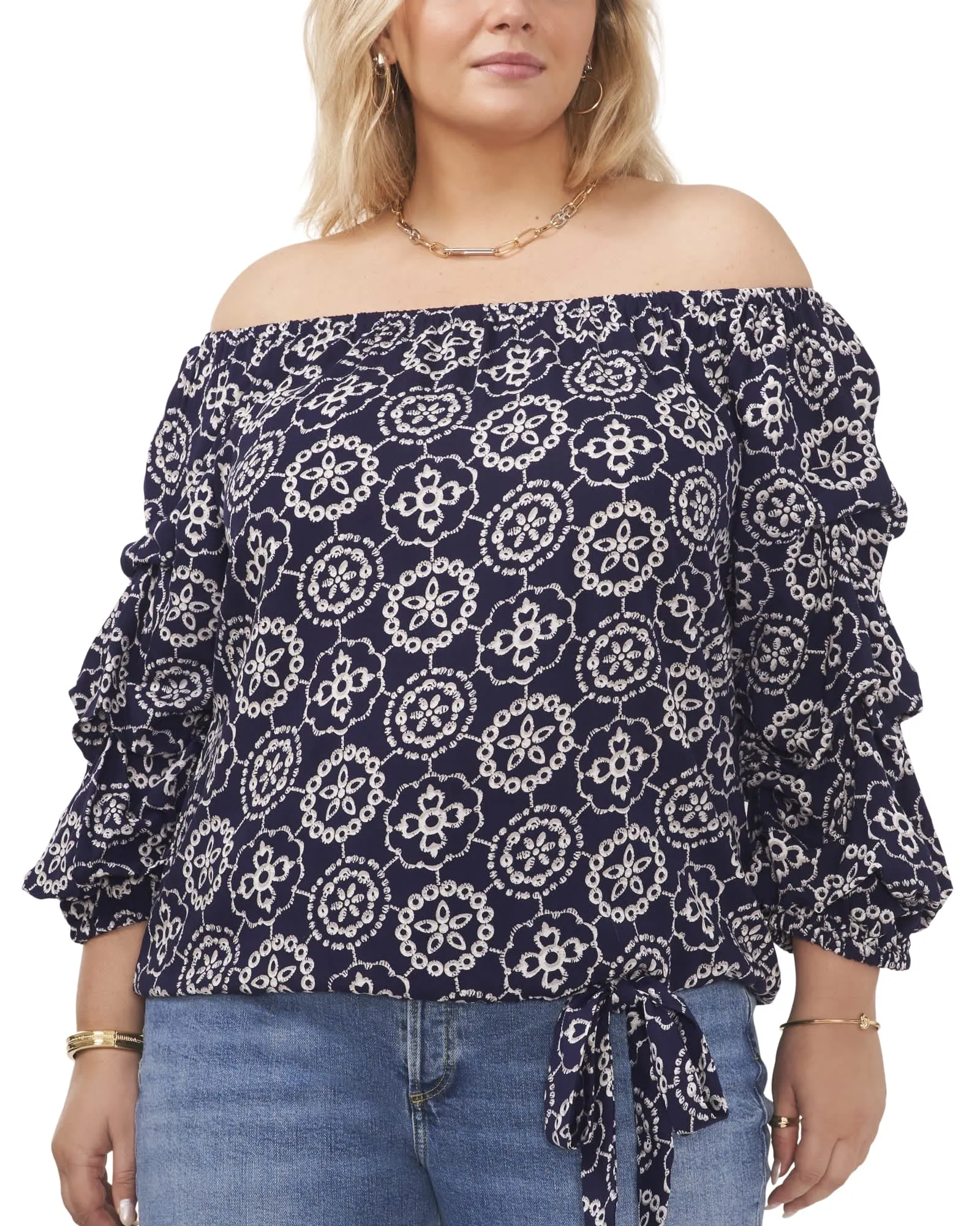 Linda Bubble Sleeve Top | Navy White