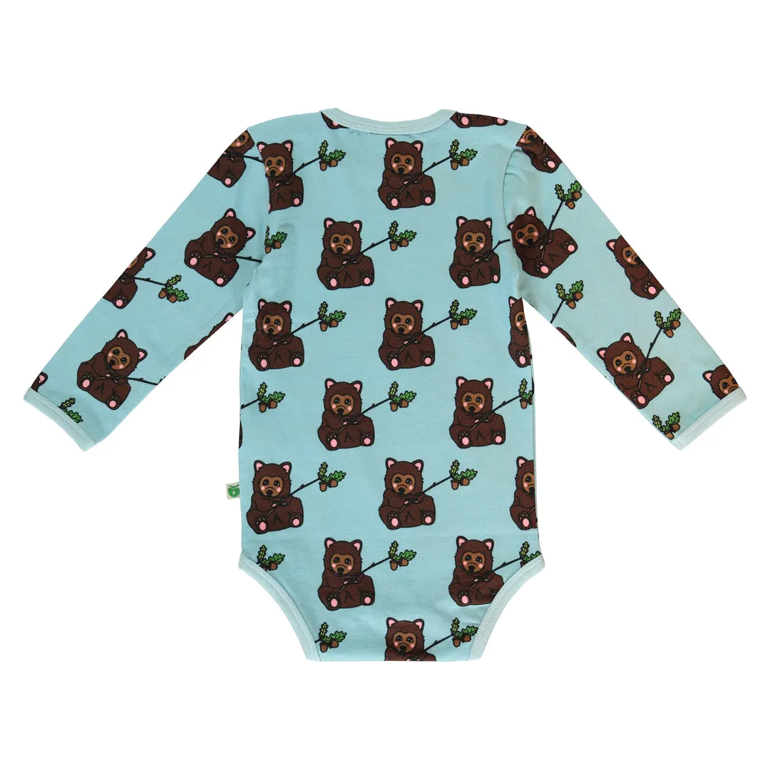 Long sleeved bodysuit- bear cub, stratosphere blue
