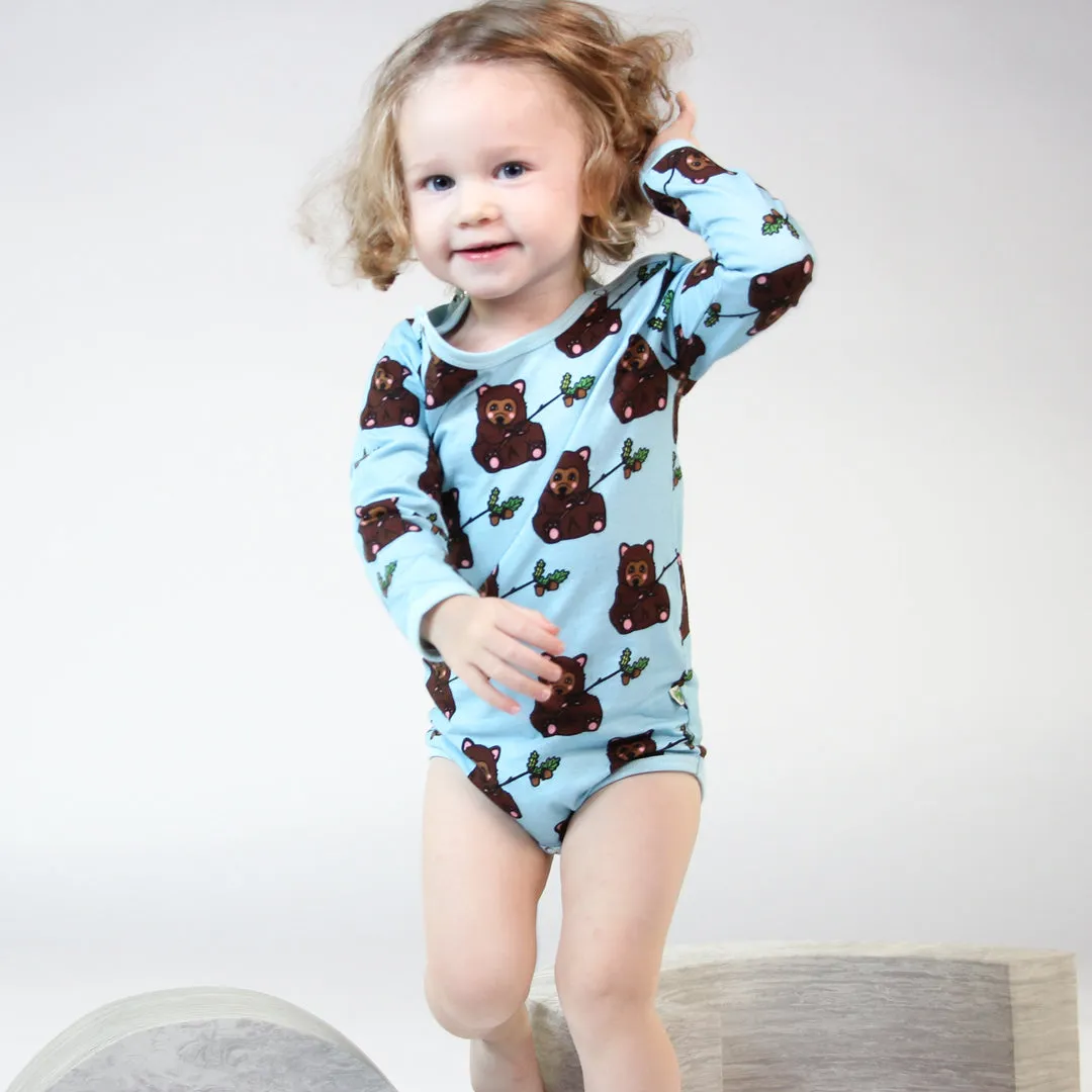 Long sleeved bodysuit- bear cub, stratosphere blue
