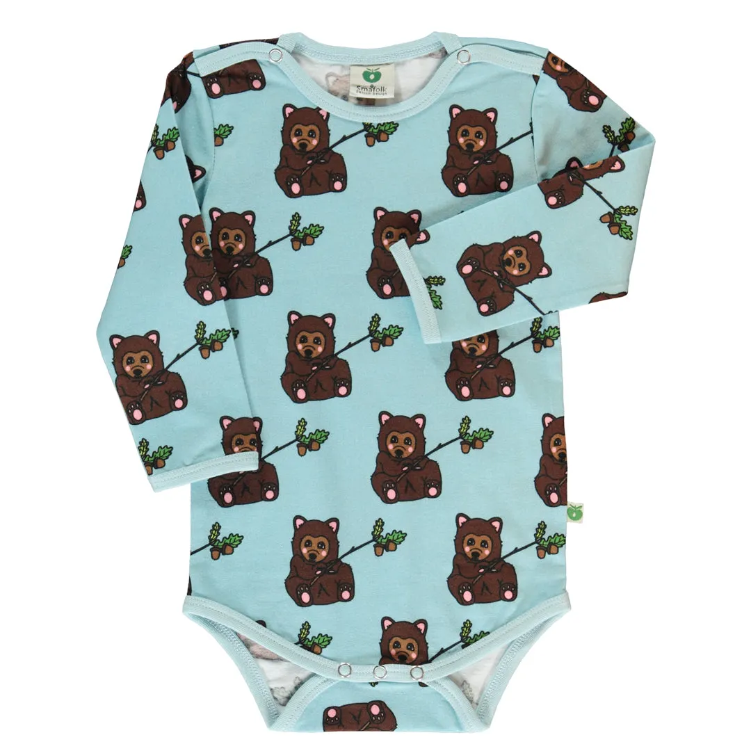 Long sleeved bodysuit- bear cub, stratosphere blue