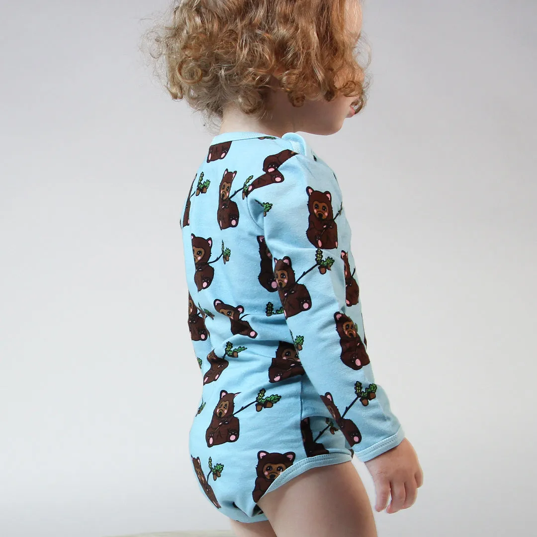 Long sleeved bodysuit- bear cub, stratosphere blue