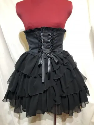 【MARBLE】マーブル　ハイウエスト編み上げスパイラルフリルスカート：黒×黒ジョーゼット