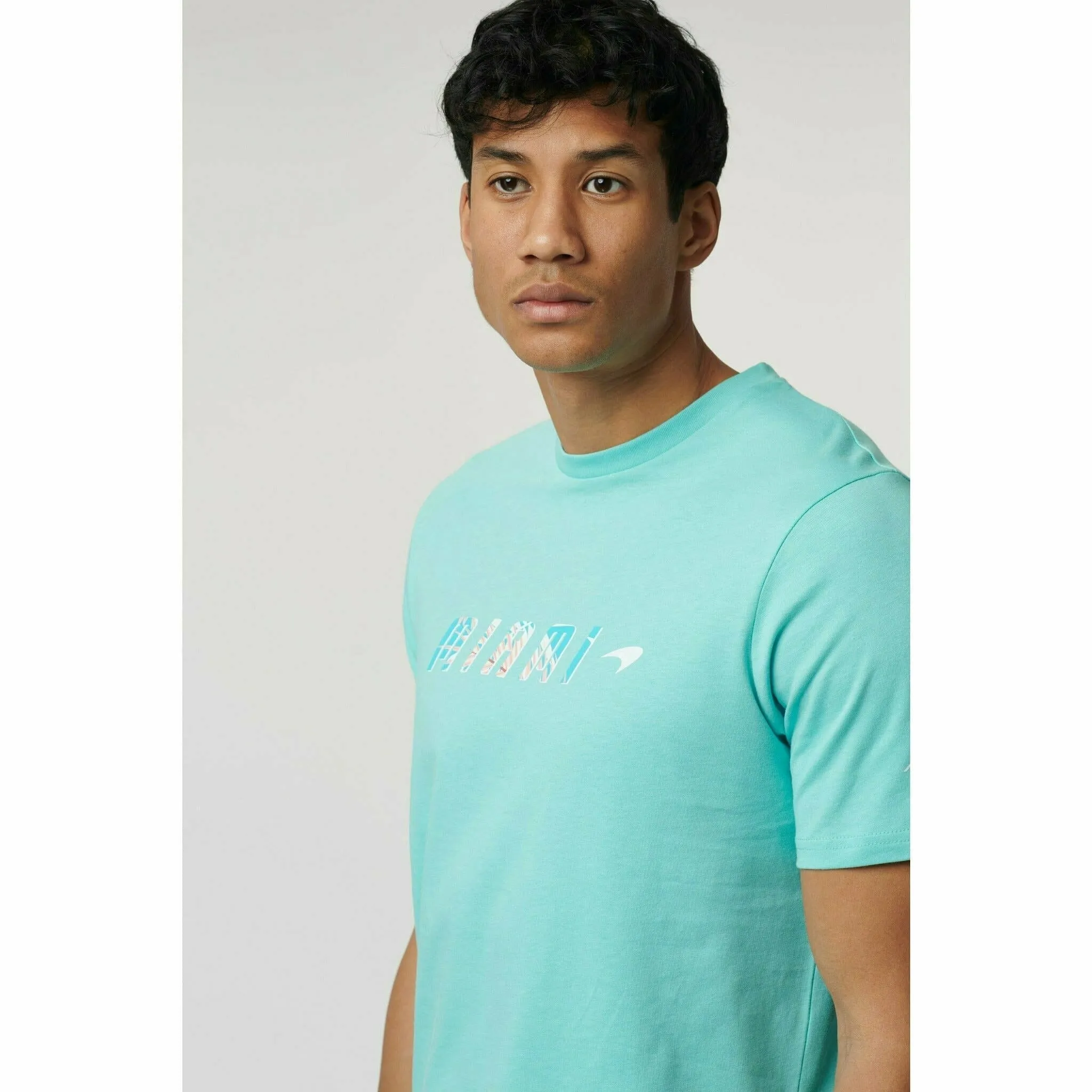 McLaren F1 Men's Miami Palm Graphic T-Shirt-Black/Aqua Sky/Crystal Rose