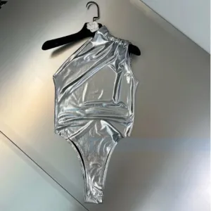 Metallic Silver Ruched One Shoulder Bodysuit